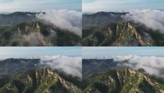 航拍威海里口山山顶的平流雾和白云朵4K高清在线视频素材下载
