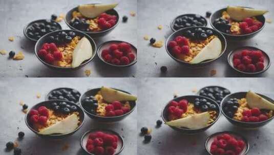 玉米片和水果放在陶瓷碗里高清在线视频素材下载