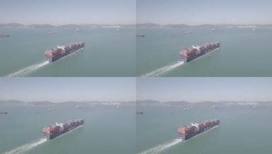 航拍香港辽阔海面货运轮船集装箱高清在线视频素材下载