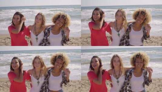 三个快乐活泼的多种族女孩朋友高清在线视频素材下载