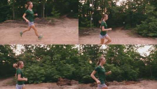 在林地的小径上跑步的女人高清在线视频素材下载