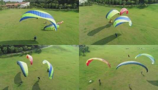 武汉滑翔伞基地航拍滑翔伞撑起过程709高清在线视频素材下载