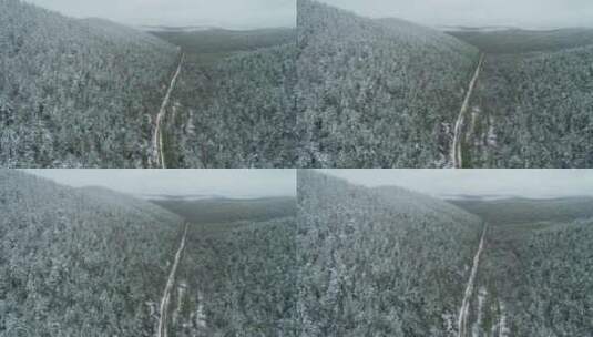 航拍大兴安岭山林春季降雪景观高清在线视频素材下载