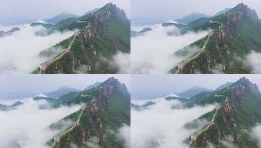 航拍雨后的长城云海翻滚震撼场景高清在线视频素材下载