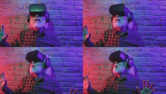 老人戴着虚拟现实护目镜高清在线视频素材下载
