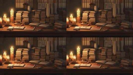 古代读书士人夜晚蜡烛灯光照射进温暖的书籍高清在线视频素材下载