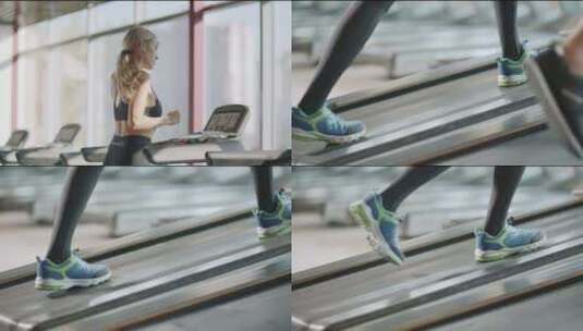女性朋友健身房跑步机运动高清在线视频素材下载
