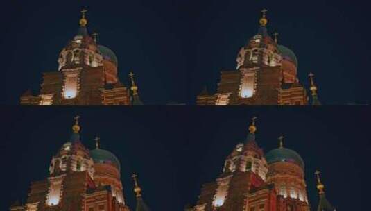 哈尔滨索菲亚教堂夜景高清在线视频素材下载
