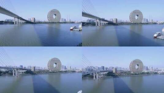 广州圆大厦城市建筑与珠江东沙桥航拍景观高清在线视频素材下载