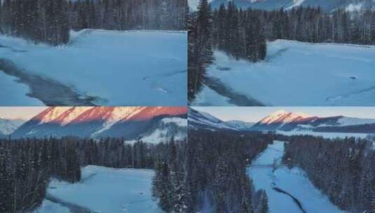 阿勒泰禾木冬季冰雪河流雪山航拍自然风景高清在线视频素材下载