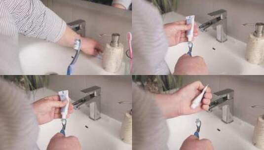 男子在家将牙膏涂在牙刷上清洁牙齿高清在线视频素材下载