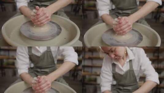 工匠的手在陶轮上精确地连接粘土，体现手工高清在线视频素材下载