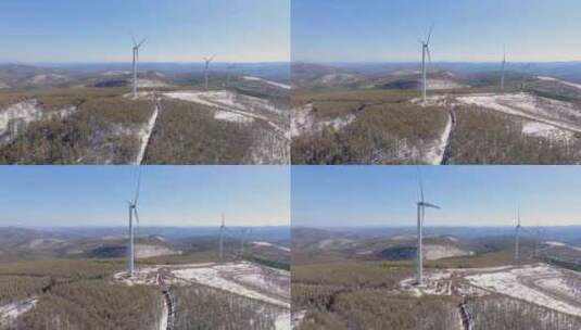 4k航拍河北承德雪后的塞罕坝林场风力发电高清在线视频素材下载