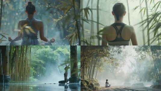 1竹林女人瑜伽高清在线视频素材下载