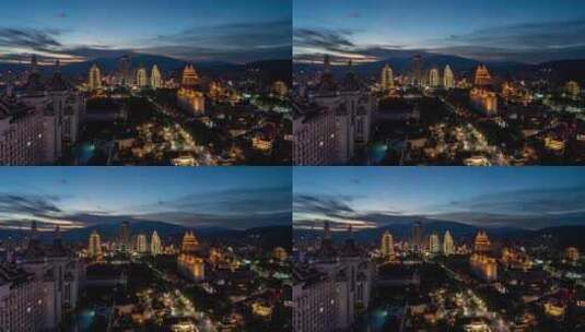 云南西双版纳傣族星光夜市建筑群高空延时高清在线视频素材下载