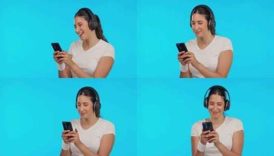 电话、音乐和舞蹈与一个蓝色背景的女人在录高清在线视频素材下载