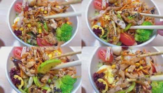 减脂餐蔬菜沙拉筷子搅拌慢动作2高清在线视频素材下载