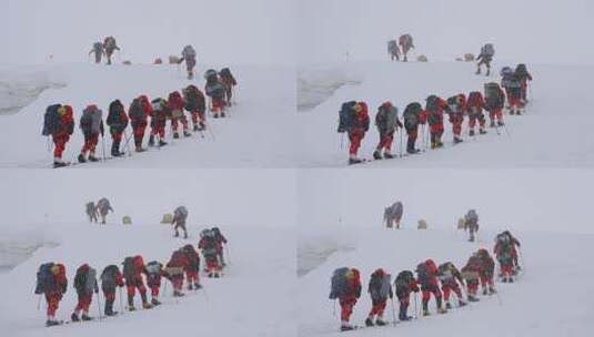 攀登冰川之父慕士塔格峰雪山的登山队高清在线视频素材下载