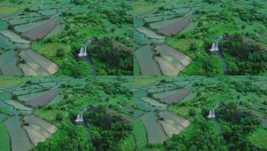 乡村农田水稻河流傍晚时分航拍田野01高清在线视频素材下载