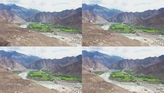西藏拉萨山南雪山稻田青稞绿植高清航拍素材高清在线视频素材下载