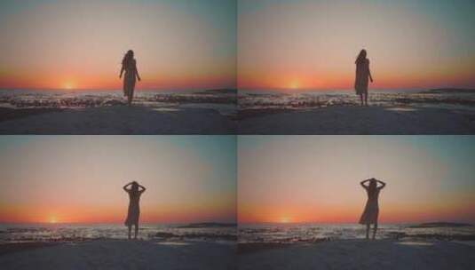 美女站在海边看日出看夕阳看日落看风景背影高清在线视频素材下载