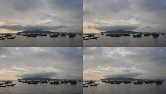威海湾刘公岛渔船与飞云延时4K高清在线视频素材下载