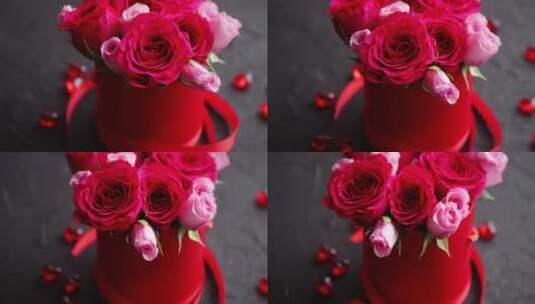 红色盒子里装着玫瑰花束高清在线视频素材下载
