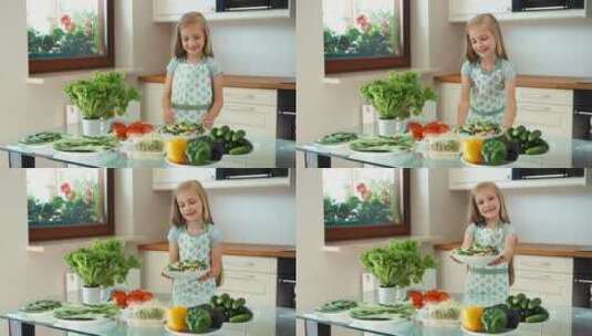 女孩在厨房拿起食物高清在线视频素材下载