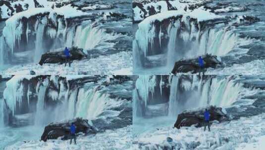 自由摄影师在拍摄冰川瀑布高清在线视频素材下载