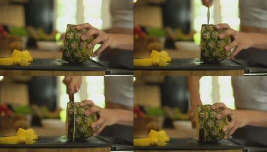 女人切菠萝的特写镜头高清在线视频素材下载
