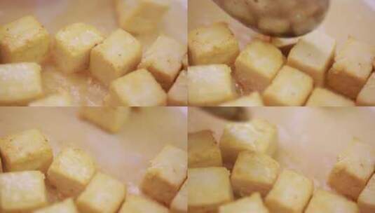 炸豆腐平底锅煎制豆腐块高清在线视频素材下载