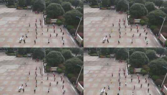 航拍清晨市民锻炼跳广场舞高清在线视频素材下载