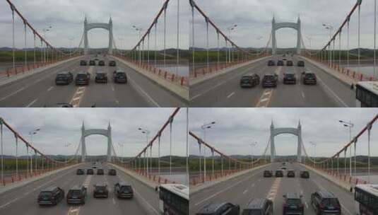 航拍婚礼车队行驶在公路大桥上高清在线视频素材下载