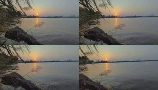 湖面的水波不兴，夕阳斜照高清在线视频素材下载