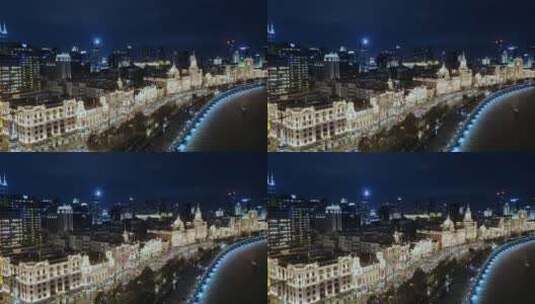 航拍上海黄浦江沿岸外滩地标建筑群夜景高清在线视频素材下载