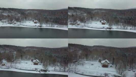 日本北海道支笏湖岸冬天森林雪景航拍高清在线视频素材下载