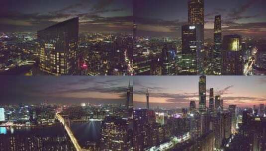航拍夜幕降临晚霞中的珠江新城高清在线视频素材下载