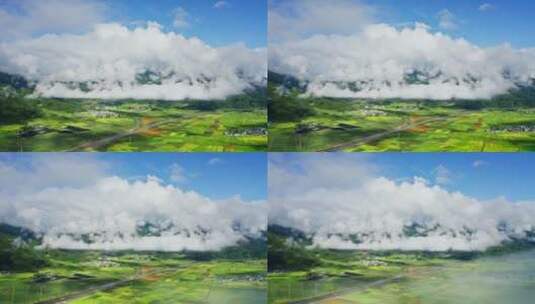 雨后云雾缭绕清新通透的乡村绿色农田高清在线视频素材下载