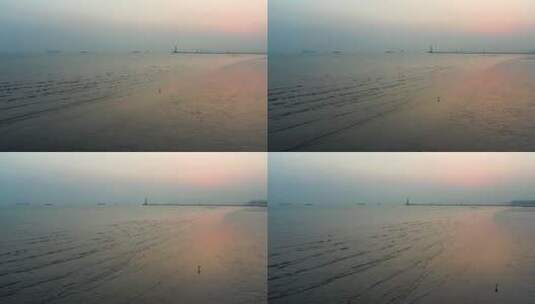黎明日出前上海吴淞口灯塔候鸟航拍高清在线视频素材下载