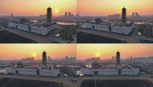 江苏扬州中国大运河博物馆日落航拍4K素材高清在线视频素材下载