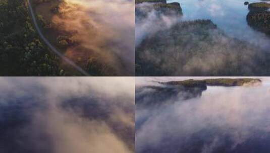 湖面森林傍晚夕阳薄雾唯美航拍高清在线视频素材下载