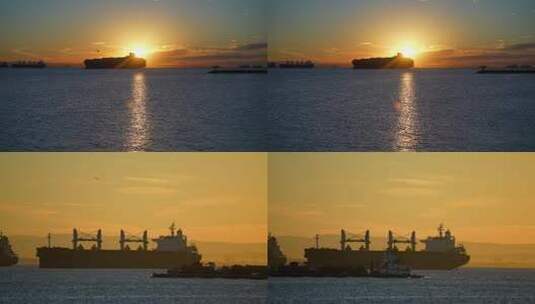 4K航拍夕阳海面货轮高清在线视频素材下载