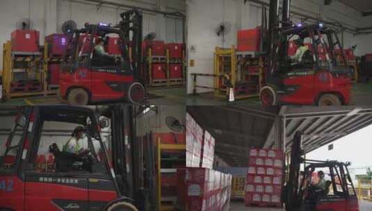 女工人 工厂叉车作业 叉车运输货物高清在线视频素材下载