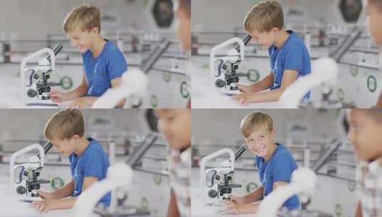 男孩使用显微镜高清在线视频素材下载