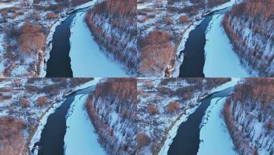 航拍4K冬季冰河树林高清在线视频素材下载