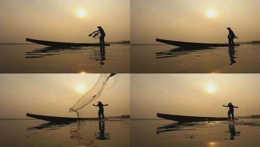 传统渔民的剪影投掷网高清在线视频素材下载