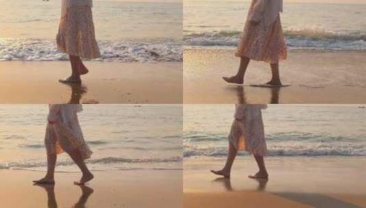 精品 ·赤脚女孩温暖阳光下沿着潮湿沙滩高清在线视频素材下载