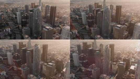 航拍加州洛杉矶阳光照射摩天大楼汽车交通高清在线视频素材下载