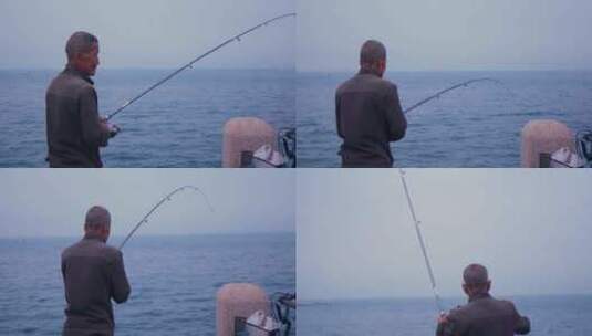 孤独老人海边钓鱼顺利钓到小鱼烟台大海风光高清在线视频素材下载