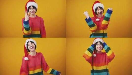 女人戴着圣诞帽和红色毛衣高清在线视频素材下载